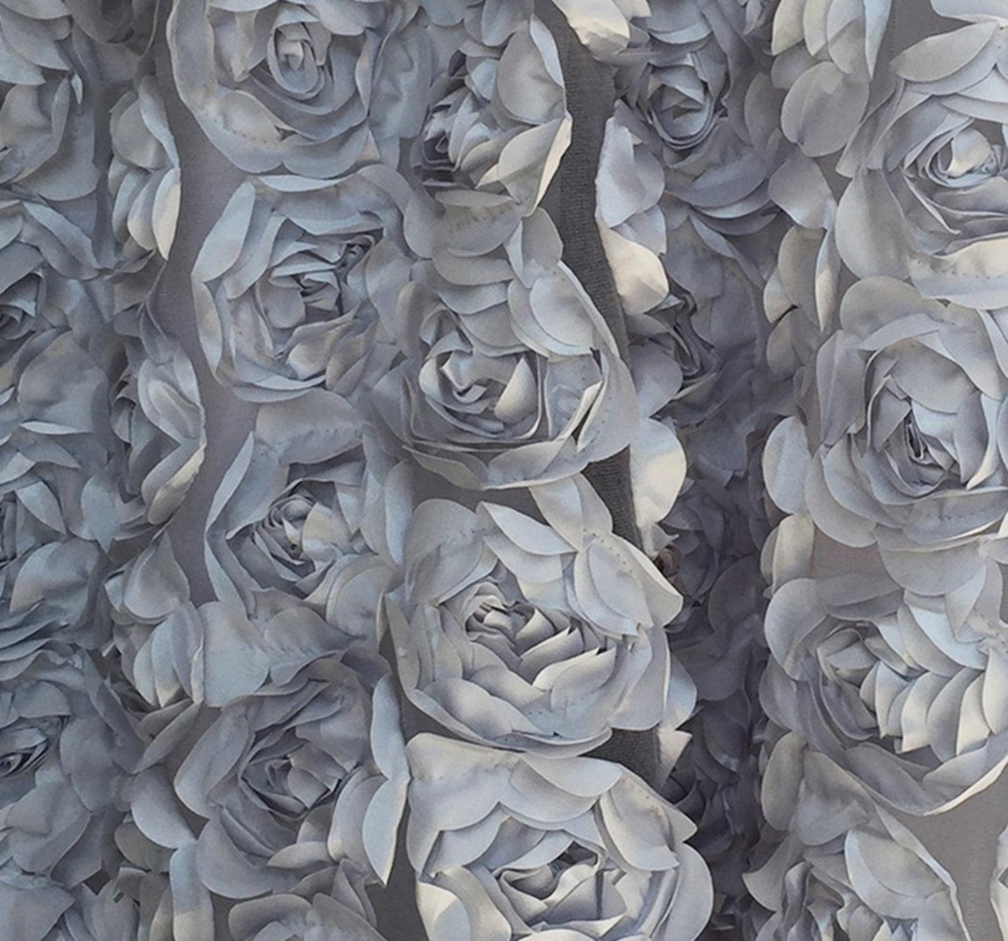 3D Rosette Fabric, Black Rosette on Mesh Fabric, 3D Rose Fabric, Black Satin Rosette Bouquet Flower, fabric by the Yard