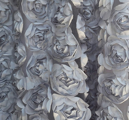 3D Rosette Fabric, Black Rosette on Mesh Fabric, 3D Rose Fabric, Black Satin Rosette Bouquet Flower, fabric by the Yard