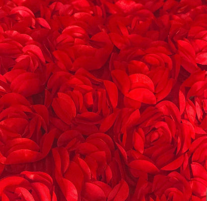 3D Rosette Fabric, Black Rosette on Mesh Fabric, 3D Rose Fabric, Black Satin Rosette Bouquet Flower, fabric by the Yard