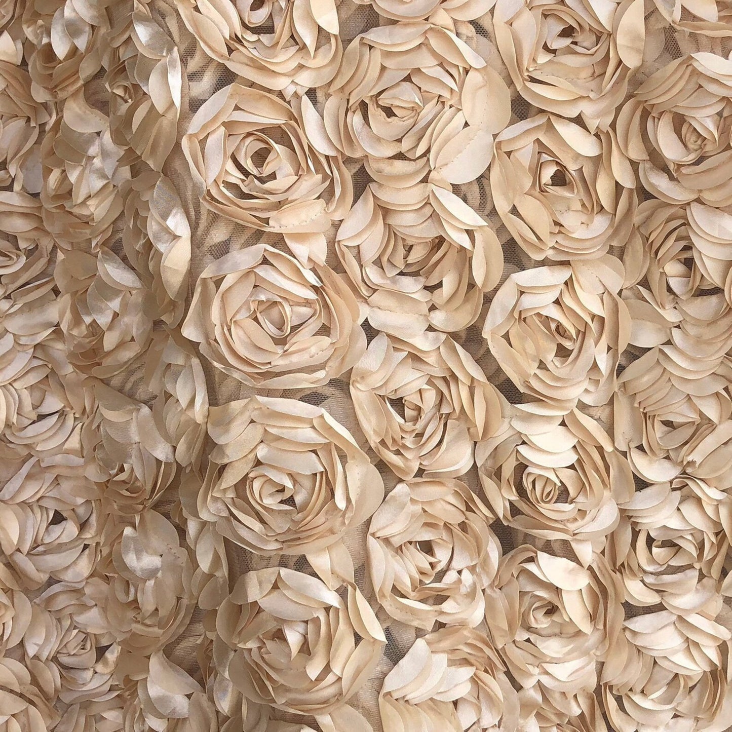 3D Rosette Fabric, Black Rosette on Mesh Fabric, 3D Rose Fabric, Black Satin Rosette Bouquet Flower, fabric by the Yard