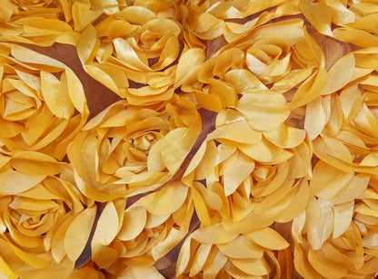 3D Rosette Fabric, Black Rosette on Mesh Fabric, 3D Rose Fabric, Black Satin Rosette Bouquet Flower, fabric by the Yard