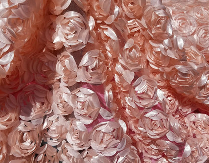 3D Rosette Fabric, Black Rosette on Mesh Fabric, 3D Rose Fabric, Black Satin Rosette Bouquet Flower, fabric by the Yard